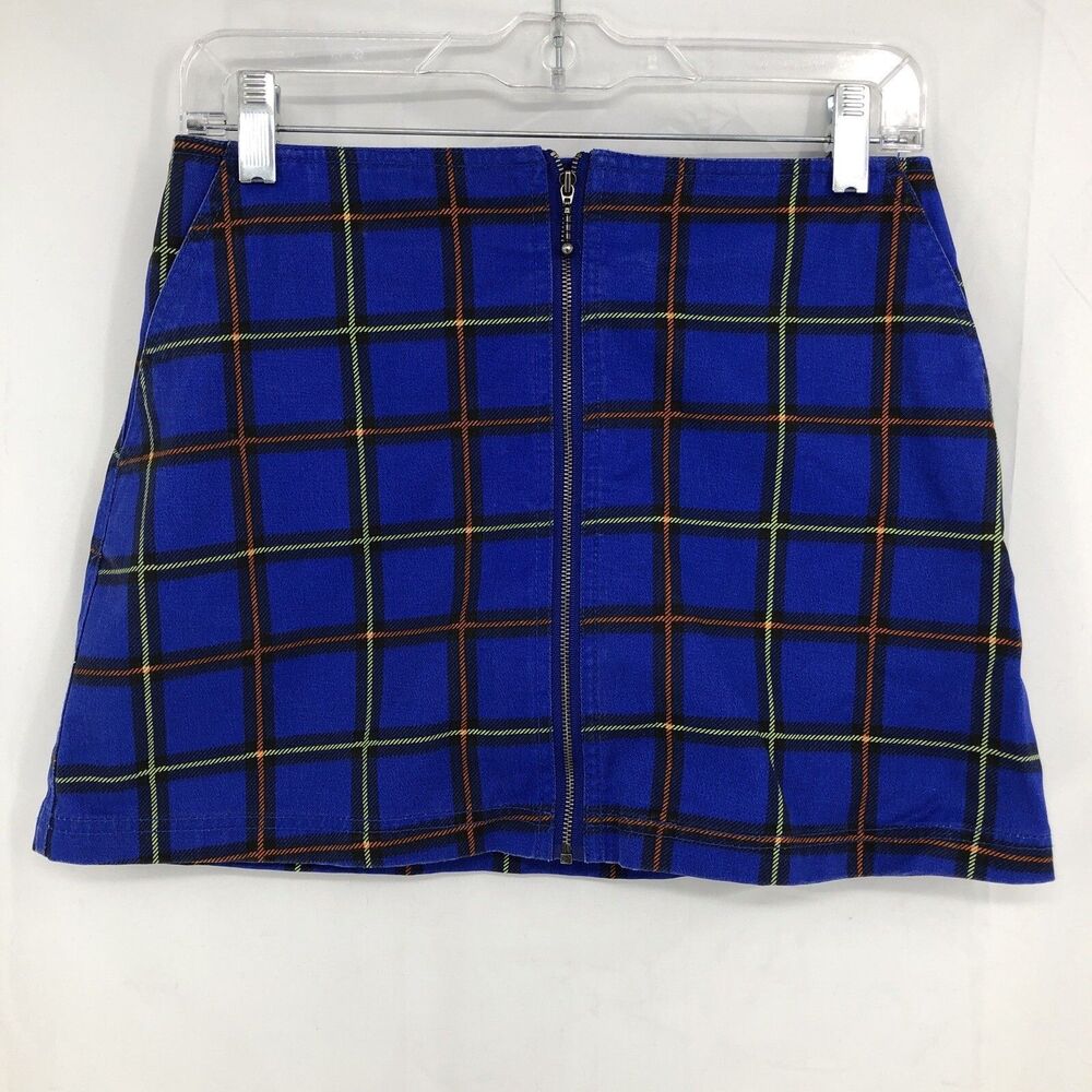 Obey Worldwide Blue Plaid Full Zip Front Pockets Mini Skirt 26 (29x13.5)